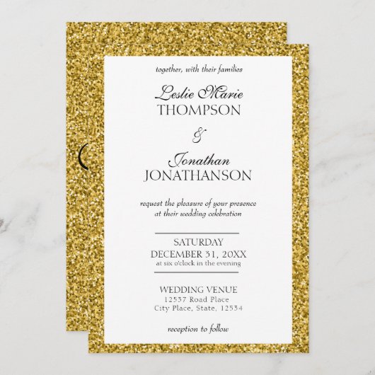 エレガントな金ゴールドのグリッターのパーティーの結婚式招待状 案内状 (正面/裏面)
