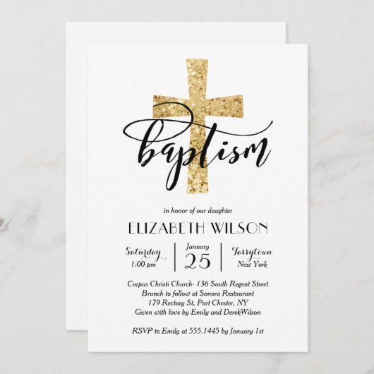 エレガントな金ゴールドのグリッターの十字の洗礼の招待状 サンキューカード (正面/裏面)