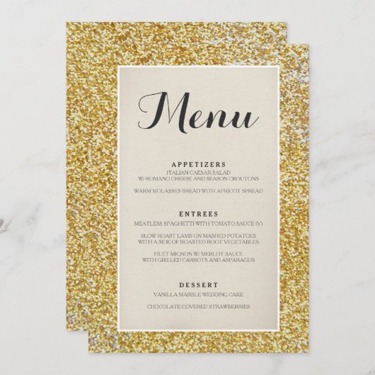 エレガントな金ゴールドのグリッターの結婚式メニューカード メニュー (正面/裏面)
