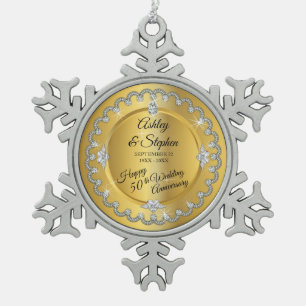 エレガントな金ゴールドのダイヤモンド第50の結婚記念日 スノーフレークピューターオーナメント