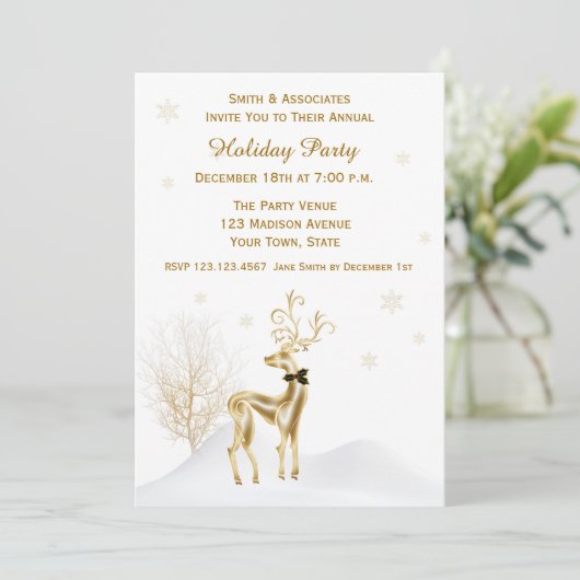 エレガントな金ゴールドのトナカイの休日のパーティの招待状 招待状 (スタンド正面)