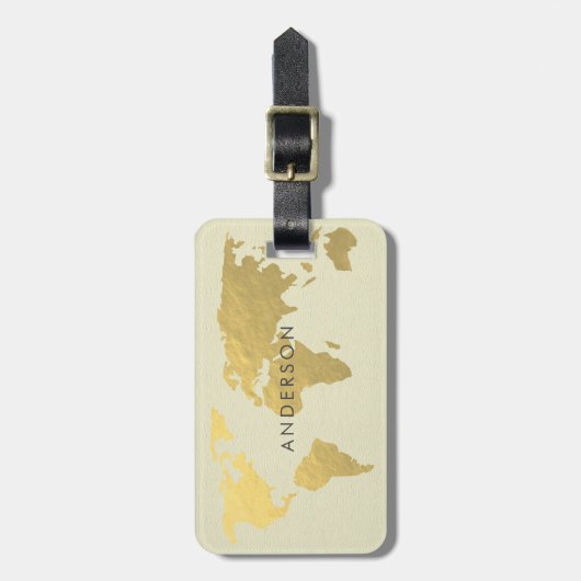 エレガントな金ゴールドのパーソナライズなフェイクなクラフトの世界地図 ラゲッジタグ (正面縦)