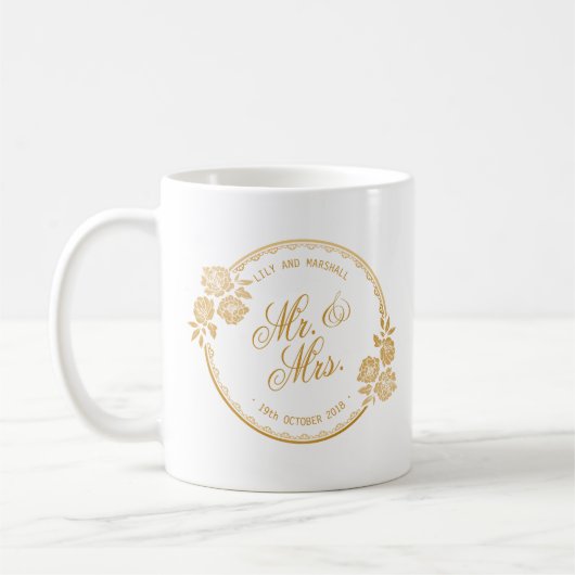 エレガントな金ゴールドのパーソナライズな結婚式|のマグ コーヒーマグカップ (左)