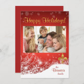 エレガントな金ゴールドのフルーアの赤い休日の写真の挨拶状 シーズンカード (正面/裏面)