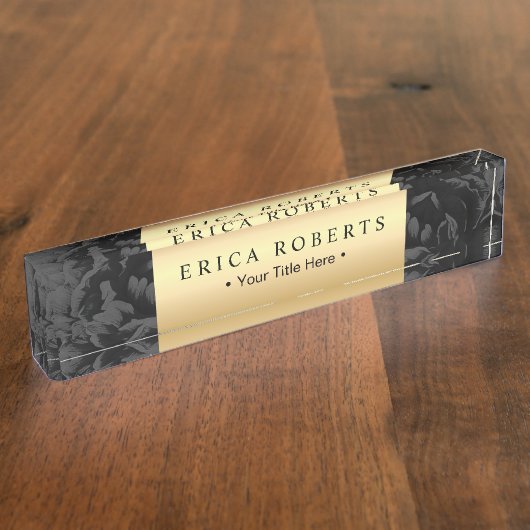 エレガントな金ゴールドのラベルの上品で黒い花柄 デスクネームプレート (側面)