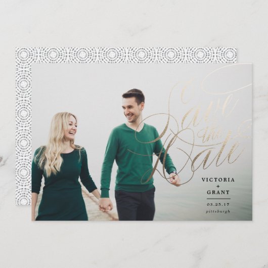 エレガントな金ゴールドの保存日付の書道の写真カード セーブザデート (正面/裏面)