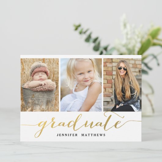 エレガントな金ゴールドの原稿3の写真の卒業パーティー 招待状 (スタンド正面)