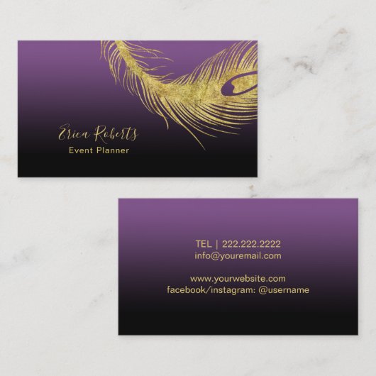 エレガントな金ゴールドの孔雀の羽の紫色を計画するイベント 名刺 (正面/裏面)