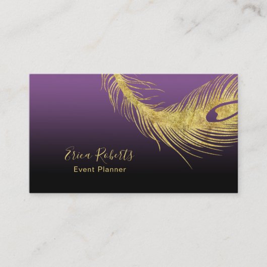 エレガントな金ゴールドの孔雀の羽の紫色を計画するイベント 名刺 (正面)
