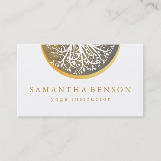 エレガントな金ゴールドの水彩画の木のヨガおよび黙想 名刺 (正面)