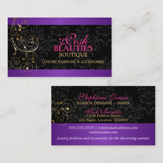 エレガントな金ゴールドの渦巻およびダマスク織 名刺 (正面/裏面)