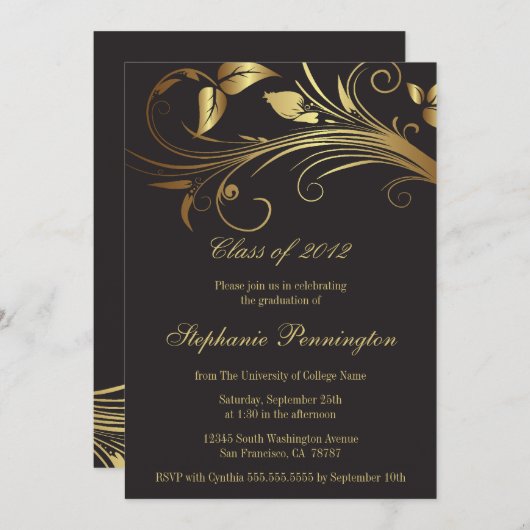 エレガントな金ゴールドの渦巻の卒業パーティーの発表 招待状 (正面/裏面)