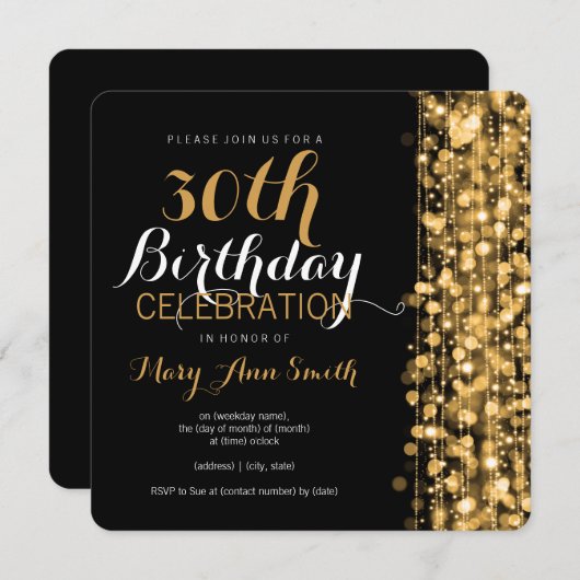 エレガントな金ゴールドの第30誕生会の輝き 招待状 (正面/裏面)