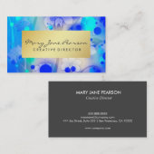 エレガントな金ゴールドの豪華で青い水彩画ブラシストローク 名刺 (正面/裏面)