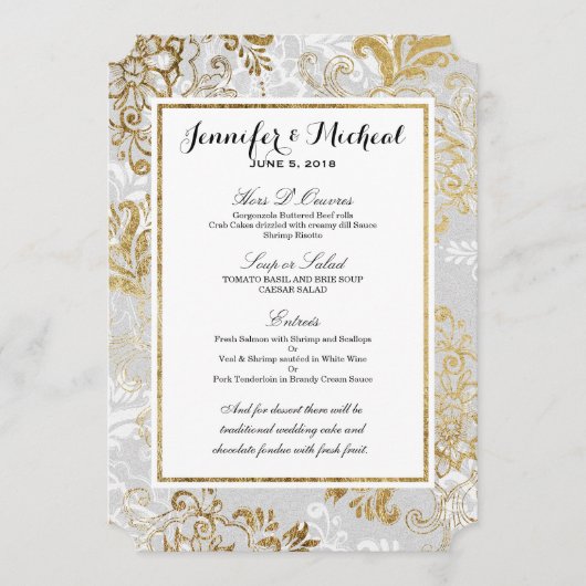 エレガントな金ゴールドの銀および灰色の花の結婚式メニュー メニュー (正面)
