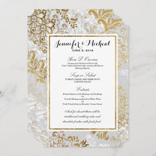 エレガントな金ゴールドの銀および灰色の花の結婚式メニュー メニュー (正面/裏面)