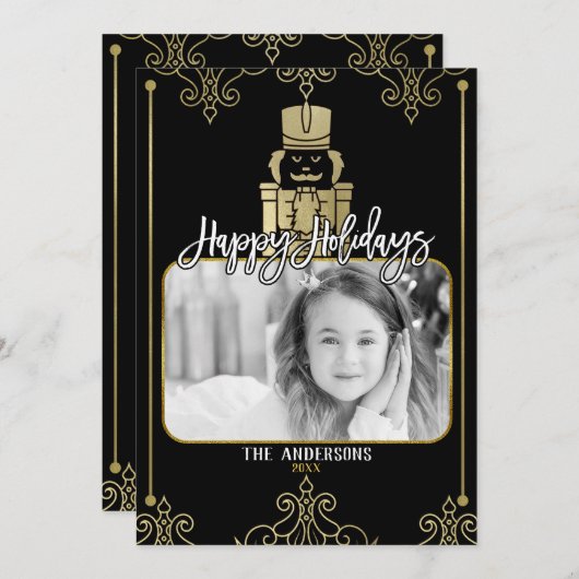 エレガントな金ゴールドの黒のくるみ割りの休日の写真カード シーズンカード (正面/裏面)
