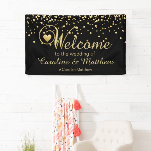 エレガントな金ゴールドの黒のハートの歓迎の結婚式 横断幕 (インサイチュ)
