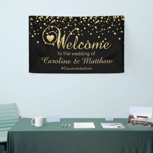 エレガントな金ゴールドの黒のハートの歓迎の結婚式 横断幕 (トレードショー)