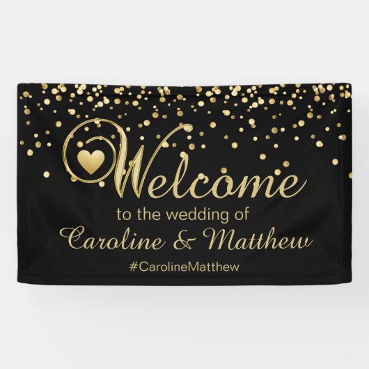エレガントな金ゴールドの黒のハートの歓迎の結婚式 横断幕 (横)
