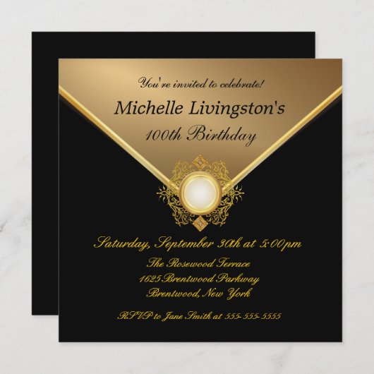 エレガントな金ゴールドの黒の女性パーティの招待状 招待状 (正面/裏面)