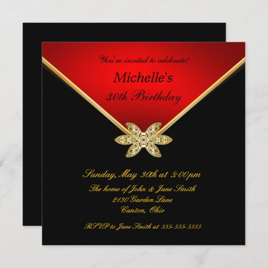 エレガントな金ゴールドの黒の赤い女性誕生会 招待状 (正面/裏面)