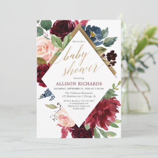 エレガントな金ゴールドのmarsalaのバーガンディのピンクのベビーシャワー 招待状 (スタンド正面)