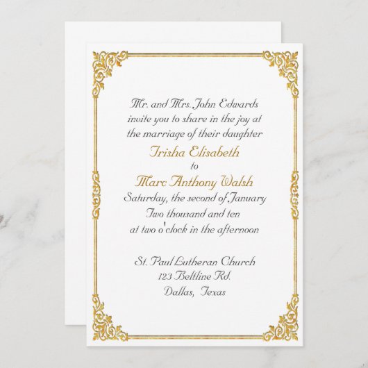 エレガントな金ゴールドは結婚式招待状を組み立てました 招待状 (正面/裏面)