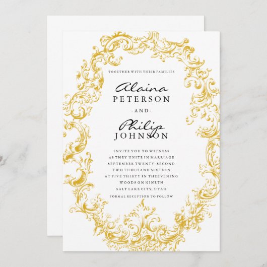 エレガントな金ゴールドフレームの結婚式招待状のテンプレート 招待状 (正面/裏面)