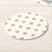 エレガントな金ゴールドホイルの水玉模様パターン-金ゴールド及び白 ラウンドペーパーコースター (アングル)