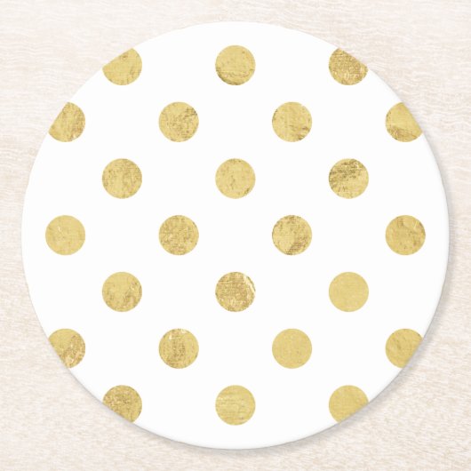 エレガントな金ゴールドホイルの水玉模様パターン-金ゴールド及び白 ラウンドペーパーコースター (正面)