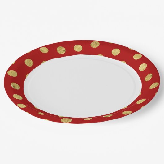 エレガントな金ゴールドホイルの水玉模様パターン-金ゴールド及び赤 ペーパープレート (アングル)