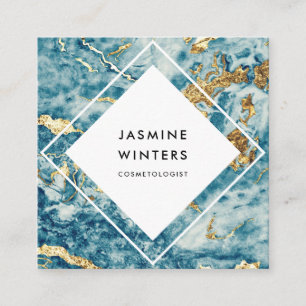 エレガントな金ゴールドホイルの青い大理石の水彩画のダイヤモンド スクエア名刺