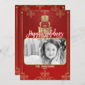 エレガントな金ゴールド及び赤いくるみ割りの休日の写真カード シーズンカード (正面/裏面)