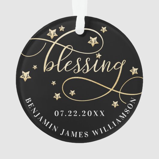 エレガントな金ゴールド及び黒い星|のベビーの初めてのクリスマス オーナメント (裏面)