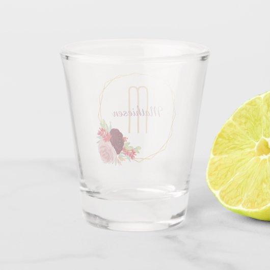 エレガントな金ゴールド幾何学的な花フレームのモノグラム ショットグラス (裏面)