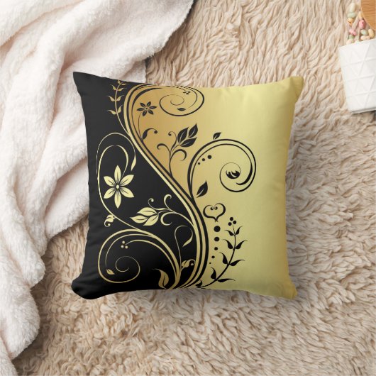 エレガントな金ゴールド花スクロール黒の枕 クッション (ブランケット)
