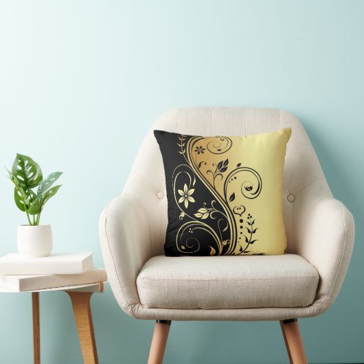 エレガントな金ゴールド花スクロール黒の枕 クッション (椅子)