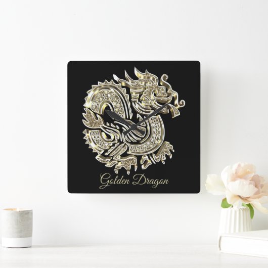 エレガントな金ドラゴンの黒および金ゴールドは名前を加えます スクエア壁時計 (ホーム)