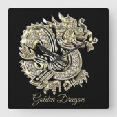 エレガントな金ドラゴンの黒および金ゴールドは名前を加えます スクエア壁時計 (正面)
