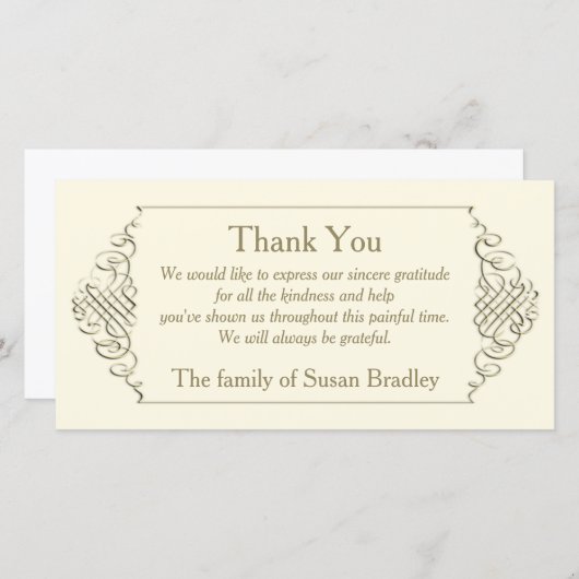 エレガントな金フレームの悔やみや弔慰は感謝していしています サンキューカード (正面/裏面)