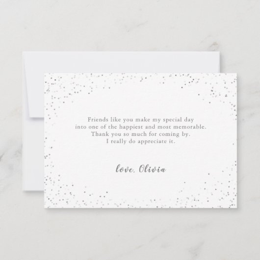 エレガントな銀と輝きの青いドレスのキンセアニエラ サンキューカード (裏面)