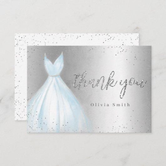 エレガントな銀と輝きの青いドレスのキンセアニエラ サンキューカード (正面/裏面)