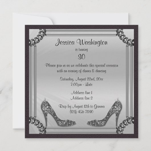 エレガントな銀によって組み立てられる黒い小剣の第30誕生日 招待状 (裏面)