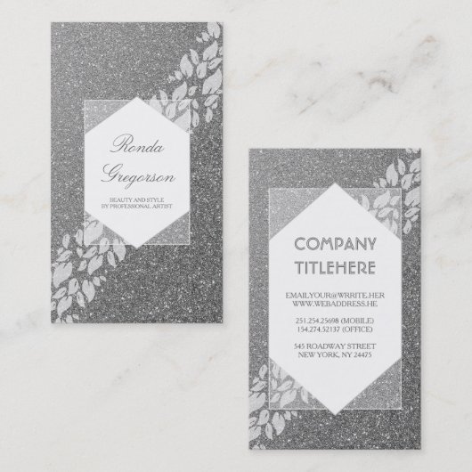 エレガントな銀製のグリッターおよび白の葉の月桂樹 名刺 (正面/裏面)