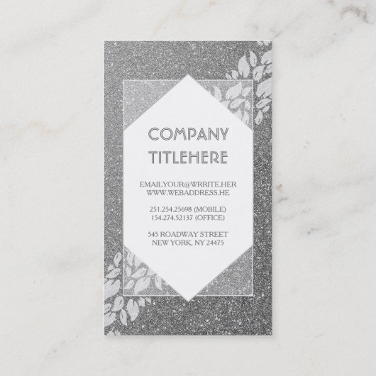 エレガントな銀製のグリッターおよび白の葉の月桂樹 名刺 (裏面)