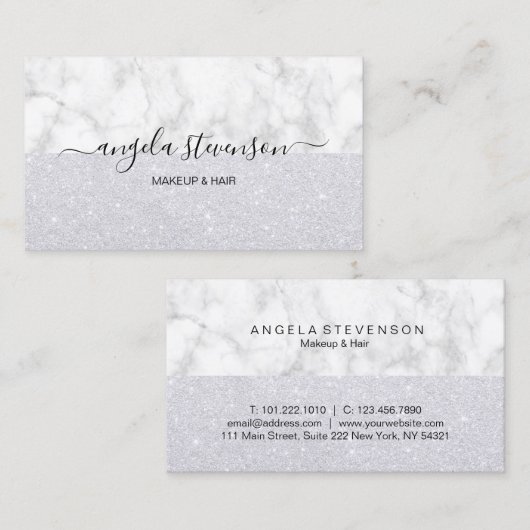 エレガントな銀製のグリッターの白い大理石の化粧及び毛 名刺 (正面/裏面)