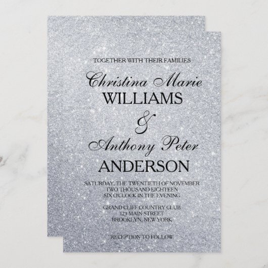 エレガントな銀製のグリッターの結婚式招待状 招待状 (正面/裏面)