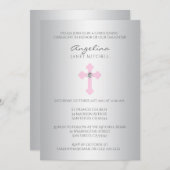 エレガントな銀製のピンクの十字の女の子の洗礼の《キリスト教》洗礼式や命名式 招待状 (正面/裏面)