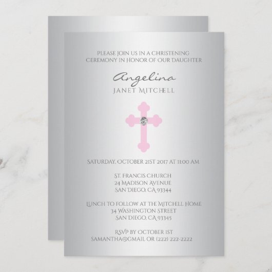 エレガントな銀製のピンクの十字の女の子の洗礼の《キリスト教》洗礼式や命名式 招待状 (正面/裏面)